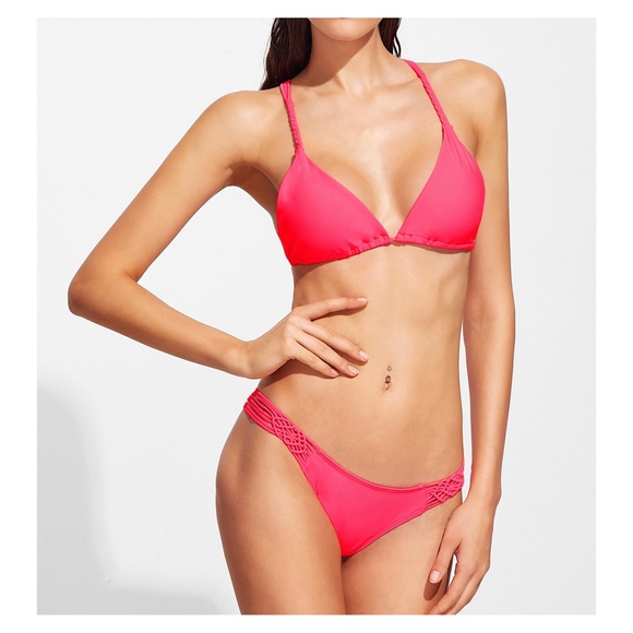 Neon Red Pink Macrame Triangle Bikini Set - Picture 3 of 7